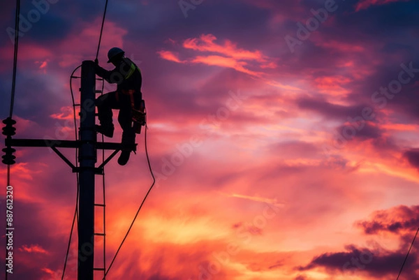 Fototapeta A professional electrician working at height against the backdrop of a sunset.