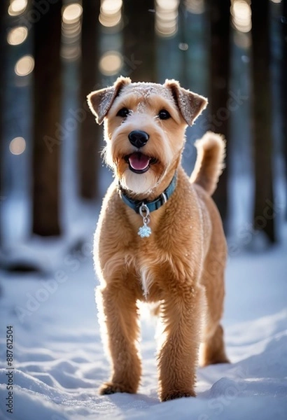 Fototapeta Lakeland Terrier exploring a tranquil snow-covered forest at twilight with sparkling icicles soft powdery snow and a breathtaking display of northern lights dancing in the sky