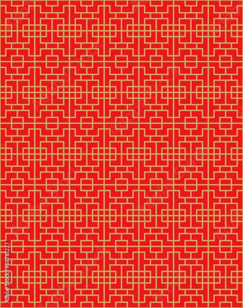 Fototapeta Golden seamless Vintage Chinese style window tracery square geometry pattern background.
