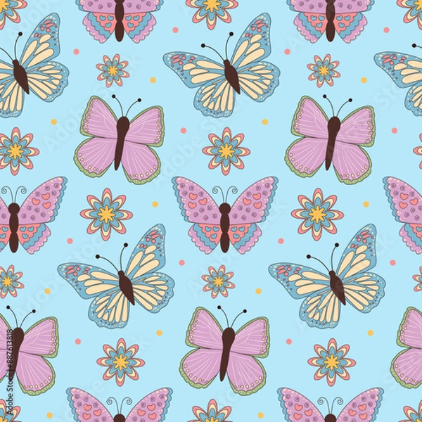 Fototapeta Butterflies and flowers seamless pattern on blue background.