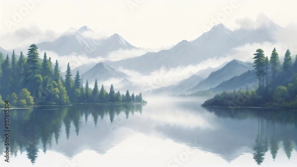 Fototapeta a painting of a lake with trees and mountains