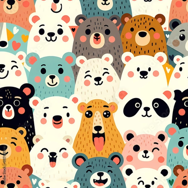 Obraz Bear Doodle Art Cartoon. Various bears with expressive faces in a crowded pattern