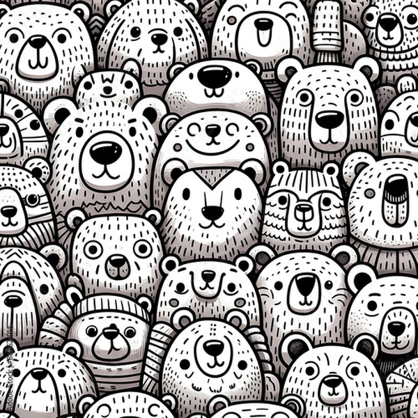 Obraz Bear Doodle Art Cartoon. Various bears with expressive faces in a crowded pattern