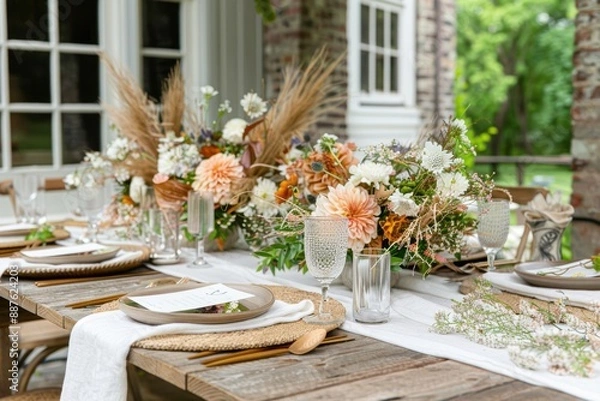 Fototapeta A table with a white tablecloth and a floral centerpiece. The table is set for a dinner party with a variety of dishes and glasses. Scene is elegant and inviting, with the beautiful flowers