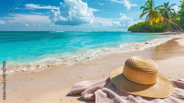 Obraz Beach accessories straw hat, towel on sunny tropical Caribbean beach with palm trees and turquoise water, caribbean island vacation, hot summer day