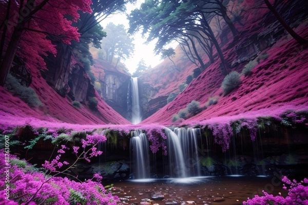 Fototapeta Waterfalls cascading through lush green forest, tumbling over mossy rocks in a breathtaking natural landscape