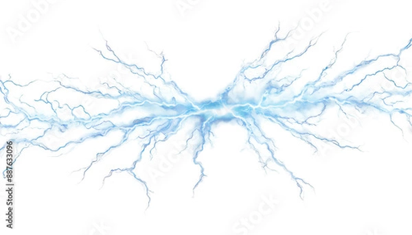 Fototapeta Powerful electric lightning bolt with bright blue energy striking across isolate on transparent background, cutout, png