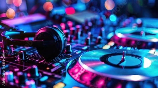 Obraz Professional dj mixer setup with headphones for mixing electronic dance music