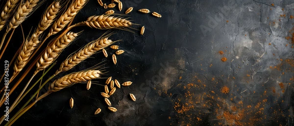 Fototapeta Harvest festival concept. Fall mockup with golden dry wheat, grain, herbs on dark, textured background. Lammas day composition. Autumn Layout with copy space. Generative ai