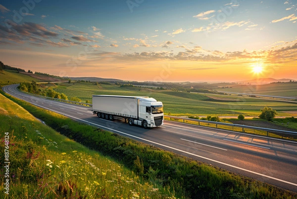 Obraz A white truck drives along a highway in a green countryside at sunset, under a picturesque sky with sunbeams