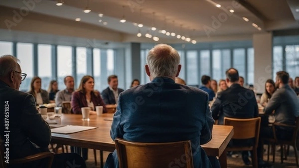 Obraz A group of business professionals engaged in a large conference meeting in a modern office setting with ample natural light.
