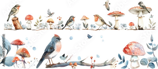 Fototapeta Set of Woodland Watercolor Clip Art, Birds and Mushrooms Set.