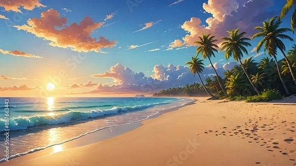 Fototapeta A serene beach scene with golden sand, crystal clear blue water, palm trees, and a colorful sunset sky, anime style 