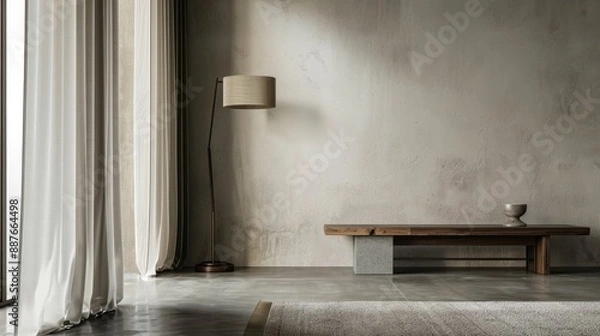 Fototapeta Elegant Home Interior with White Ash Foyer Table, Concrete and Walnut Floor Lamp, and Cashmere Accents