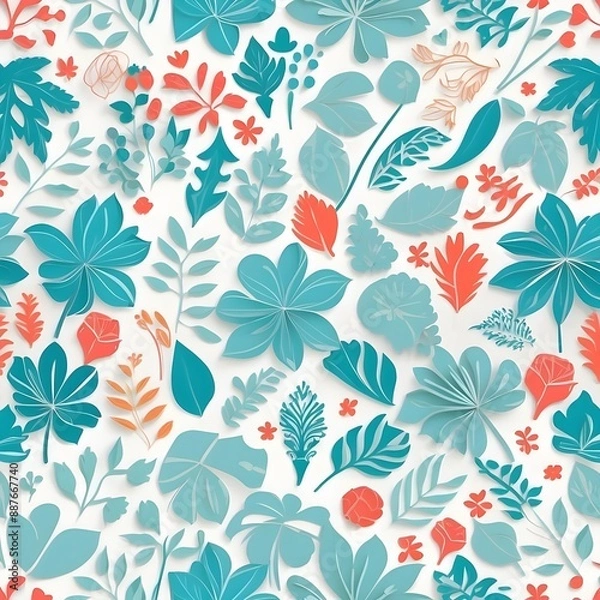 Fototapeta Tropical Teal Floral Pattern: A seamless, vibrant design featuring a kaleidoscope of teal and coral floral elements, perfect for adding a touch of nature and elegance to any project.  