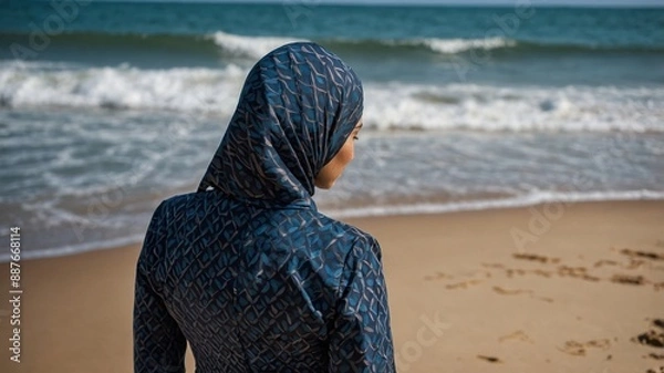 Fototapeta Back view of a woman in a patterned burkini standing on a sandy beach, gazing at the ocean waves.
