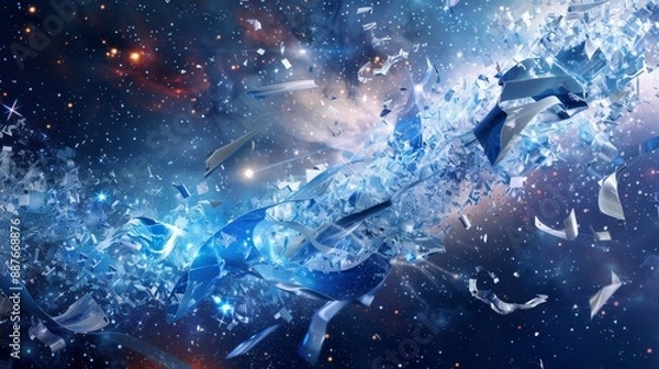 Fototapeta Dynamic background with metallic debris ribbons and celestial blue starlight
