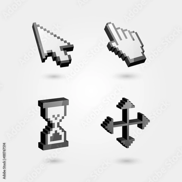 Fototapeta Set of 3d pixel cursors icons: hand, hourglass, arrows. Isolated on light gray background. Vector Illustration.