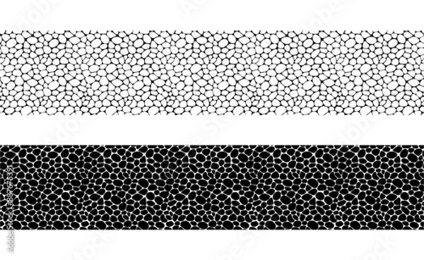 Fototapeta Paving geometric seamless patterns vector. Irregular shapes repeated banner for web tiles, science and interior designs. Black and white pebble template background. Street cobblestone endless texture