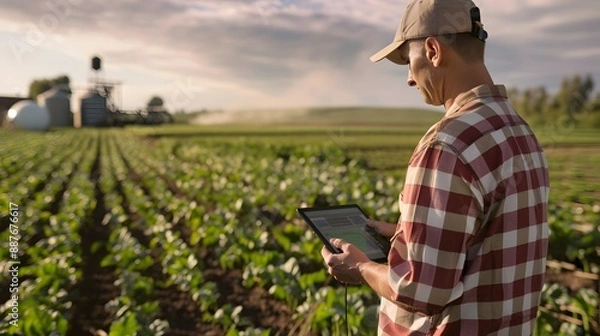 Fototapeta Farmers using GPS/GNSS Technology for accurate field mapping and machinery guidance in a smart agricultural setting