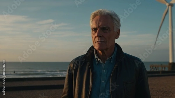 Fototapeta An older man looking pensive, standing by the beach near a wind turbine at sunset, capturing a moment of reflection.
