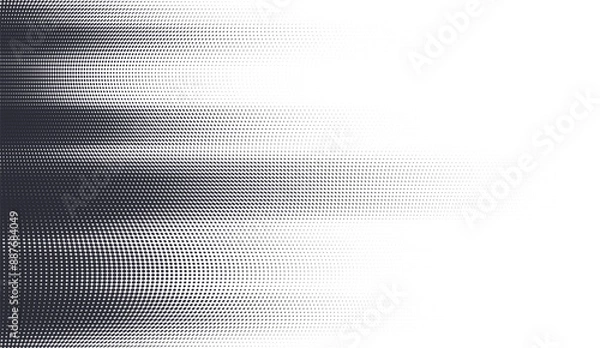 Fototapeta Abstract motion fade halftone vector background. Black and white dotted pattern horizontal transition from dark to white.