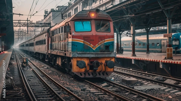 Fototapeta Indian electric locomotive at Amritsar railway station during the day, showcasing vibrant colors and activity around the platform. The scene captures the essence of railway travel in India, 