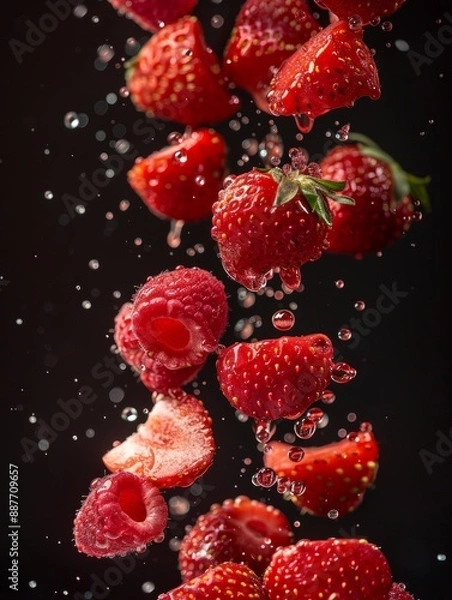 Fototapeta Macro Shots of Fresh Strawberries with Juicy Water Droplets