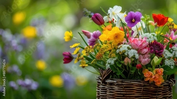 Fototapeta Detailed view of a basket brimming with colorful spring flowers