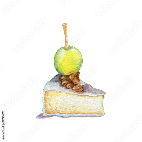 Fototapeta Watercolor illustration of snack. Exotic canapé with cheese, grapes and nuts. Food for parties and celebrations. Watercolor realistic food. Sweet snack.