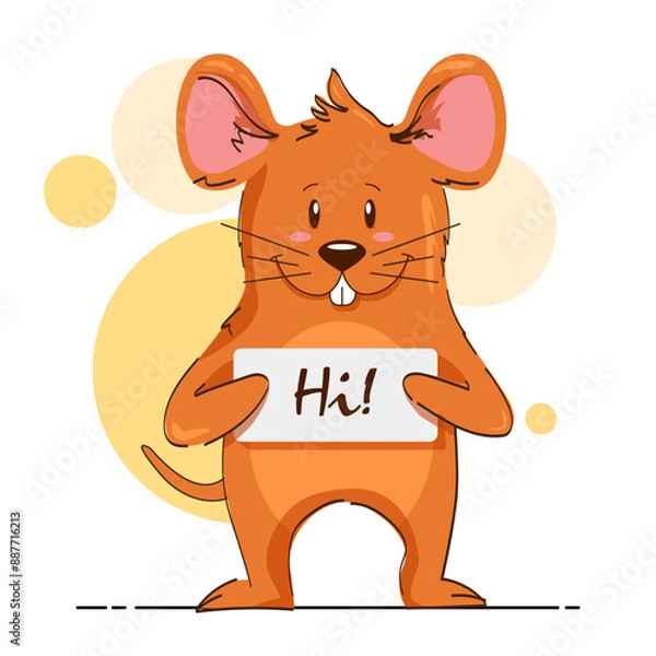 Fototapeta Vector cartoon character. Mouse with a welcome sign. Bright cute mouse character. Stylized animal.
