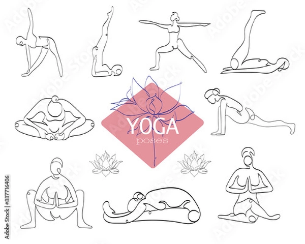 Fototapeta Vector set of yoga asanas. Yoga design with lotus flower. Fitness class. Healthy lifestyle. Modern sports activities.