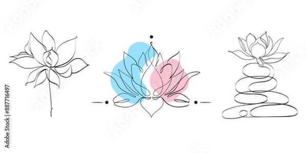 Fototapeta Vector set of floral illustrations. Lotus flower design. Lotus flowers in one line style. Flower clipart.