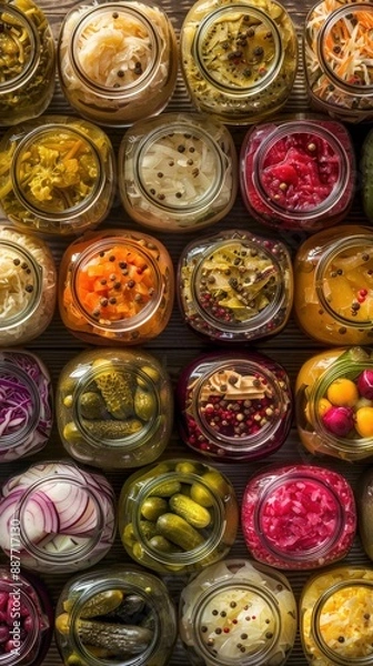 Fototapeta An assortment of colorful pickled vegetables in jars, beautifully arranged for a stunning visual effect.