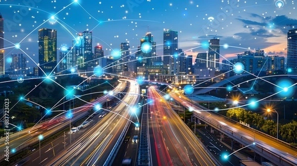Fototapeta A smart city panorama with interconnected IoT devices feeding real-time data into digital twins of urban systems, optimizing traffic flow and resource management