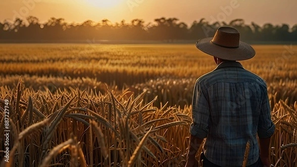 Fototapeta Rural Idyll: A rustic scene of a farmer surveying their bountiful wheat field at golden hour, capturing the essence of tranquility and the simple joys of rural life.