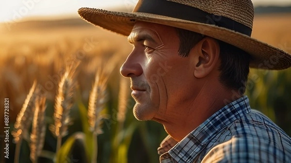 Fototapeta Rural Idyll: A rustic scene of a farmer surveying their bountiful wheat field at golden hour, capturing the essence of tranquility and the simple joys of rural life.