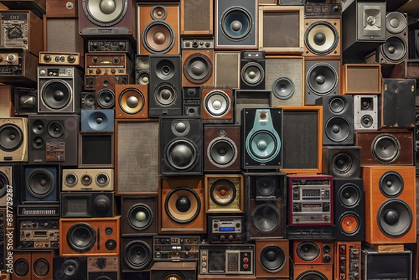 Fototapeta pattern of a wall full of different retro and vintage speakers, music wall, sound equipment, photorealistic // ai-generated