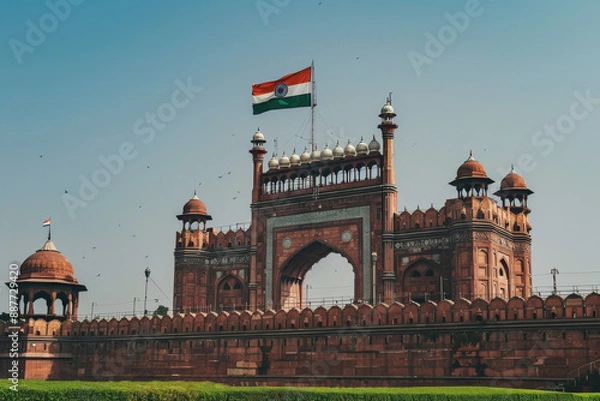 Obraz Red fort Delhi with indian flag as a symbol of Independence Day of India, copy space for text
