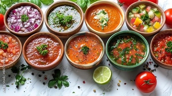 Fototapeta Assortment of Colorful Soups and Dips