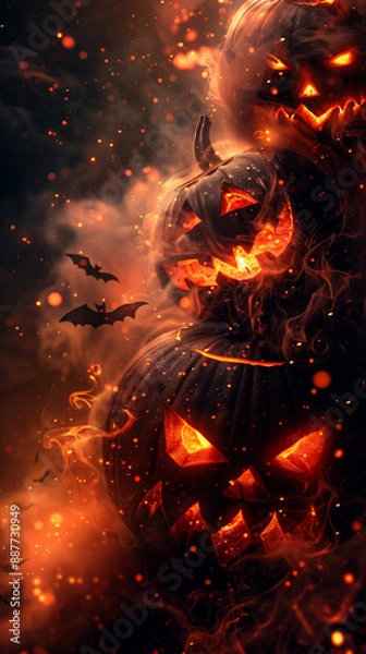 Fototapeta A Halloween themed poster with three pumpkins and bats. The poster has a dark and spooky mood