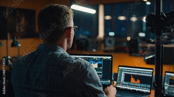 Fototapeta A man focused on his work, using multiple screens in an office environment with warm lighting and a modern setup.
