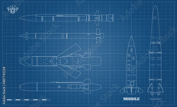 Fototapeta Missile industrial drawing. Ballistic and cruise missile blueprint. Strategic weapon outline art. War technology. Aircraft military bomb. Contour objects