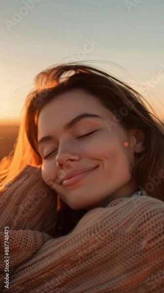 Obraz A woman is smiling and resting her head on her arm
