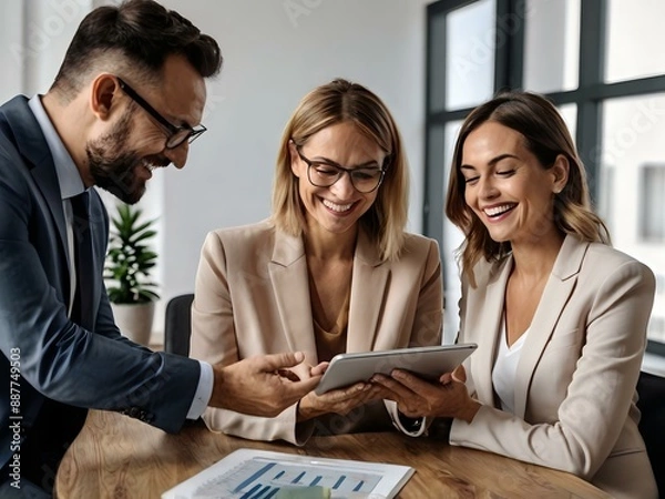 Fototapeta group of people discussing, happy real estate agent using digital tablet with his client during consultation in office
