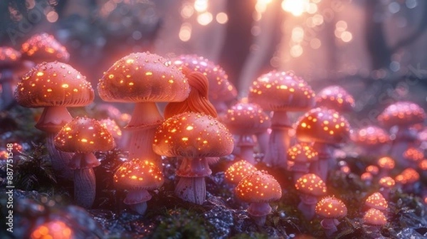 Fototapeta enchantment with a fantasy illustration of a glowing giant mushroom home nestled in the heart of a magical forest. This fairy tale abode radiates beauty and wonder, inviting all to dream.