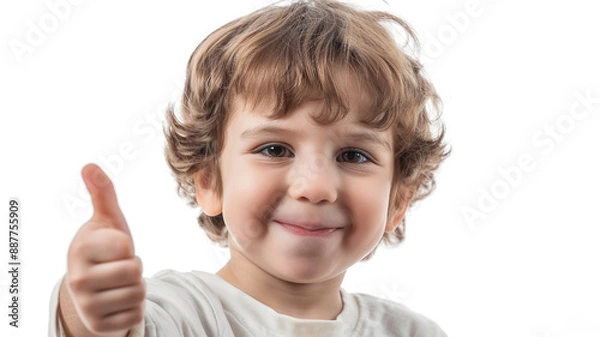 Fototapeta Little boy smiling and showing thumbs up isolated on white background