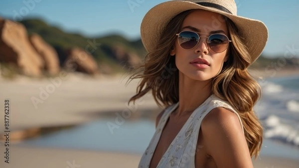 Obraz A stylish woman wearing sunglasses and a sun hat poses on a beach, exuding confidence and relaxation, with the ocean and rocks in the background.

