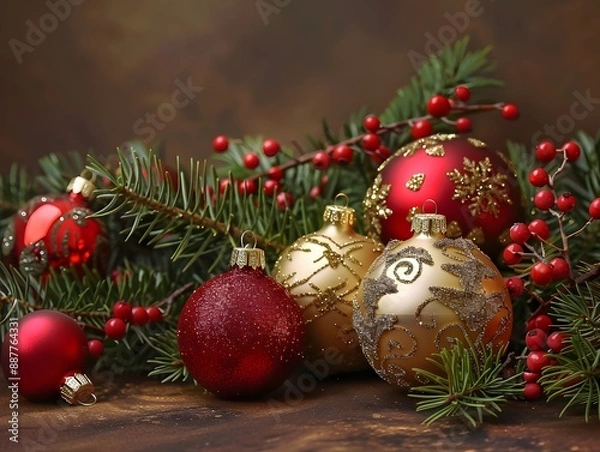 Fototapeta Festive Christmas Ornaments with Red and Gold Baubles on Pine Branches with Berries