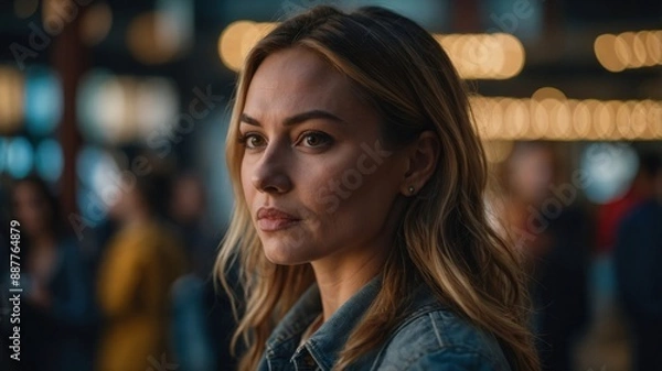 Fototapeta A woman in a denim jacket stands at an urban night market, with a serious expression and warm, blurred lights in the background.
